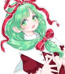  1girl collared_dress dress frilled_ribbon frills front_ponytail green_eyes green_hair hair_ribbon kagiyama_hina long_hair looking_at_viewer open_mouth own_hands_together puffy_short_sleeves puffy_sleeves red_dress red_ribbon ribbon s-a-murai short_sleeves simple_background smile solo steepled_fingers touhou upper_body white_background 