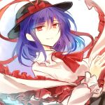  1girl black_headwear bow capelet closed_mouth commentary_request frilled_capelet frilled_shawl frills hat hat_bow kutsuki_kai long_sleeves looking_at_viewer nagae_iku one-hour_drawing_challenge purple_hair red_bow red_eyes shawl short_hair solo touhou upper_body 