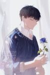  1boy absurdres black_hair blue_flower blue_rose blue_sweater closed_eyes closed_mouth collared_shirt flower highres holding holding_flower jeong_taeui male_focus passion_(manhwa) rose shirt short_hair smile solo sweater upper_body white_background white_shirt whiteislife_4 