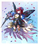  1girl blue_eyes boots border breasts butterfly_wings cleavage covered_navel detached_sleeves dress expressionless facial_mark fairy fairy_wings falling_petals fire_emblem fire_emblem_heroes flower gradient_flower grey_sleeves hair_flower hair_ornament hair_over_one_eye hair_vines highres insect_wings large_breasts looking_at_viewer minorudonguri official_alternate_costume petals plant plant_hair simple_background solo sunlight thigh_boots thighhighs thorns triandra_(fire_emblem) triandra_(reverent_dream)_(fire_emblem) vines white_border wings 