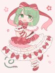  1girl adapted_costume ankle_cuffs arm_ribbon blush_stickers bow dress dress_bow frilled_dress frills front_ponytail full_body green_eyes green_hair hair_bow hair_ribbon hands_up highres kagiyama_hina looking_at_viewer one-hour_drawing_challenge open_mouth own_hands_together pink_background red_bow red_dress red_footwear red_ribbon ribbon sakurasaka shoes short_sleeves smile solo standing standing_on_one_leg touhou wrist_cuffs 