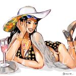  1girl bikini black_hair cape cup drinking_straw english_commentary eyewear_on_head grey_footwear hand_on_own_cheek hand_on_own_face hat high_heels highres jewelry long_hair looking_to_the_side lying necklace nico_robin one_piece plate simple_background solo sunjuice swimsuit twitter_username water white_background 