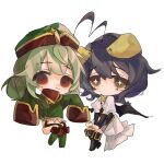  2girls ahoge beret black_footwear black_gloves boots chibi closed_mouth demon_horns demon_wings dot_mouth double_bun elbow_gloves eyebrows_hidden_by_hair garter_belt gloves green_footwear green_headwear green_jacket hair_between_eyes hair_bun hat heart heart_ahoge highres horns jacket knee_boots leoparde_(mahou_shoujo_ni_akogarete) looking_at_viewer magia_baiser mahou_shoujo_ni_akogarete multiple_girls oversized_clothes purple_hair red_eyes short_hair shrug_(clothing) simple_background sitting star-shaped_pupils star_(symbol) symbol-shaped_pupils user_ygwh2582 white_background wings yellow_eyes 