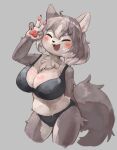 3_fingers absurd_res anthro belly big_breasts biped black_clothing black_underwear blush bob_cut bodily_fluids body_blush breasts brown_body brown_fur brown_hair canid canine canis clawed_fingers cleavage clothed clothing countershade_fur countershading eyes_closed female fingers fluffy fluffy_tail fur gesture grey_background hair hand_behind_back hand_gesture hi_res hip_tuft inner_ear_fluff mammal multicolored_hair navel neck_tuft open_mouth pawpads peppergecko72 portrait simple_background solo sweat sweatdrop tail three-quarter_portrait tongue tuft two_tone_hair underwear underwear_only v_sign waving waving_at_viewer white_body white_fur wolf