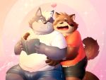  &lt;3 2020 4:3 anthro blush book bottomwear brown_body brown_fur canid canine canis clothing duo eyes_closed fur hi_res hug hugging_from_behind humanoid_hands kemono male mammal overweight overweight_male raccoon_dog shirt shorts sitting tamotoji02 tanuki topwear wolf 