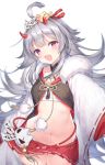  1girl :d ahoge azur_lane black_shirt cowboy_shot flat_chest fur_collar grey_hair hair_ornament hibiki_(azur_lane) highres horns long_hair long_sleeves looking_at_viewer midriff miniskirt navel open_mouth pleated_skirt red_eyes red_skirt revealing_clothes sarashi shirt simple_background skirt smile solo stomach thighhighs topia very_long_hair white_background wide_sleeves 