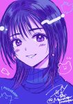  1girl blush choppy_bangs commentary_request earrings highres jewelry looking_at_viewer medium_hair ookuma_wakana open_mouth portrait purple_theme real_life ric_(fwpbox) signature smile solo sweater turtleneck turtleneck_sweater twitter_username voice_actor 