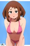  :o artist_name bikini blush_stickers boku_no_hero_academia breasts brown_eyes brown_hair cleavage highres large_breasts leaning_forward looking_at_viewer medium_hair navel open_mouth pink_bikini sidelocks solo stomach swimsuit thick_eyebrows tsuranukko uraraka_ochako watermark 