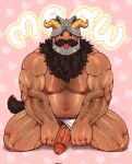  1boy :p animal_ears bara beard belly brown_hair cat_boy cat_ears cat_tail clothing_aside dungeon_meshi dwarf erection facial_hair fake_horns full_beard full_body fundoshi fundoshi_aside hairy heart heart_background helmet highres horned_helmet horns japanese_clothes kemonomimi_mode kneeling large_pectorals long_beard looking_at_viewer male_focus mature_male meowing momo_(imaboii666) muscular muscular_male navel navel_hair nipples pectorals penis pink_background plump senshi_(dungeon_meshi) solo sparse_arm_hair stomach tail thick_beard thick_chest_hair thick_leg_hair thick_mustache thick_navel_hair thick_thighs thighs tongue tongue_out uncensored veins veiny_penis very_hairy 