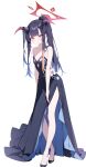 1girl absurdres bare_shoulders black_dress blue_archive breasts collarbone demon_horns dress flower full_body fuuka_(blue_archive) halo high_heels highres horns long_hair looking_at_viewer red_eyes side_slit sleeveless sleeveless_dress small_breasts 
