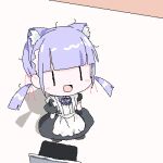 1girl animal_ears apron black_dress blunt_bangs cat_ears chibi commentary_request dress full_body lokulo-chan lokulo_no_mawashimono loose_hair_strand low_twintails lowres maid_apron oekaki open_mouth original purple_hair smile solo twintails white_apron 