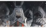  1girl 3others animal_ears arknights bangs blurry bunny_ears facial_scar frostnova_(arknights) hair_ornament hair_over_one_eye highres hood hood_up hooded_jacket jacket long_hair mento multiple_others nose_scar parted_lips scar silver_eyes snow solo_focus upper_body white_hair white_jacket 