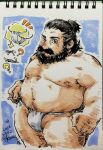  1boy ? bara beard big_belly blush brown_hair bulge cowboy_shot cropped_legs dated dungeon_meshi dwarf facial_hair fake_horns fat fat_man full_beard fundoshi helmet highres horned_helmet horns japanese_clothes kano_(kano_to10) large_pectorals looking_at_viewer male_focus marker_(medium) mature_male navel navel_hair nipples notice_lines official_alternate_hairstyle pectorals photo_(medium) senshi_(dungeon_meshi) solo sparse_arm_hair sparse_chest_hair sparse_navel_hair standing stomach strongman_waist thick_beard thick_eyebrows thick_mustache thick_thighs thighs topless_male traditional_media tying_fundoshi 