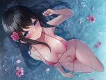  1girl bare_arms bare_shoulders bikini black_hair blue_eyes blush breasts closed_mouth collarbone covered_nipples flower from_above hair_flower hair_ornament highres long_hair looking_at_viewer lying medium_breasts navel non-web_source on_back original pink_bikini pink_flower ripples see-through_swimsuit smile solo stomach string_bikini swimsuit thighs toyosaki_shu wading water wet 