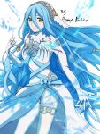  1girl asymmetrical_legwear azura_(fire_emblem) blue_hair dated elbow_gloves fingerless_gloves fire_emblem fire_emblem_fates gloves hair_between_eyes happy_birthday headdress highres jewelry long_hair matchanosuke_fe pendant solo uneven_legwear veil very_long_hair yellow_eyes 