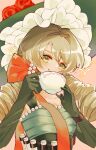  1girl blonde_hair bow chin_strap closed_mouth cup dress drill_hair elbow_gloves flower gloves green_dress green_eyes green_headwear grey_gloves hands_up hat hat_flower highres holding holding_cup long_hair looking_at_viewer low_twintails orange_bow pink_background red_flower red_rose reverse:1999 rose sleeveless sleeveless_dress smile solo sotheby sparkle sun_hat teacup twin_drills twintails upper_body yutsuki_(gi5eg3) 