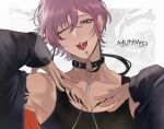  1boy arm_tattoo artist_name bishounen black_choker black_hair black_tank_top chest_tattoo choker collarbone commentary_request eyelashes fang forked_tongue hair_between_eyes hands_up highres long_sleeves male_focus multicolored_hair munimuni_muniwo o-ring o-ring_choker off_shoulder one_eye_closed original pink_hair purple_hair red_eyes short_hair simple_background skin_fang solo tank_top tattoo tongue tongue_out twitter_username two-tone_hair upper_body 