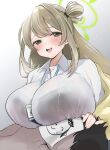  1boy 1girl aburi_tarako18 blue_archive blush bra_visible_through_clothes breasts doodle_sensei_(blue_archive) face_to_breasts green_eyes halo highres huge_breasts large_breasts long_hair nonomi_(blue_archive) see-through see-through_shirt sensei_(blue_archive) shirt single_hair_ring smile upper_body white_shirt 