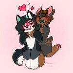 2021 anthro black_hair blush brown_body brown_fur brown_hair canid canine canis chibi digital_drawing_(artwork) digital_media_(artwork) diliana dobermann domestic_dog dotted_background duo female fluffy fluffy_ears fluffy_tail fur hair heart_(marking) heart_symbol hi_res horn hug hugging_from_behind mammal open_mouth pattern_background pawpads pepperpkmon88 pinscher red_eyes short_hair short_tail simple_background smile tail watermark