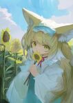  1girl absurdres animal_ears arknights blonde_hair blue_dress blue_sky cloud cloudy_sky covering_own_mouth day delfino dot_nose dress field flower flower_field fox_ears fox_girl green_eyes highres holding holding_flower long_bangs long_sleeves looking_at_viewer multicolored_hair outdoors shirt sidelocks sky solo sunflower sunflower_field suzuran_(arknights) two-tone_hair upper_body white_hair white_shirt 