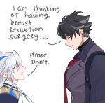  2boys ahoge ascot black_choker black_hair blue_gemstone blue_hair blue_jacket breast_reduction_surgery_(meme) buttons choker closed_eyes closed_mouth collared_shirt collared_vest ear_piercing english_commentary english_text flower gem genshin_impact grey_hair hair_between_eyes highres jacket large_pectorals lin_(chuuchuyi) long_hair long_sleeves looking_at_another male_focus meme multicolored_hair multiple_boys necktie neuvillette_(genshin_impact) open_mouth pectorals piercing pointy_ears purple_eyes purple_shirt purple_vest red_flower shirt short_hair simple_background speech_bubble standing tearing_up tie_clip tongue two-tone_hair vest white_ascot white_background white_shirt wriothesley_(genshin_impact) 