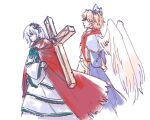  2girls angel_wings bandage_over_one_eye blue_bow bow brown_hair cape cross dress flower hair_flower hair_ornament hair_over_one_eye hair_ribbon hairband iesua_nazarenus latin_cross long_hair michel_sant&#039;angelo multiple_girls red_cape red_eyes red_scarf ribbon rose scarf shawl short_hair speargsun the_last_comer touhou two_side_up white_hair wings 