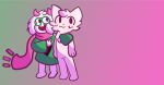  1other 2boys absurdres animal_ears blush boykisser cat cat_boy deltarune furry furry_male glasses goat_boy goat_ears gradient_background green-framed_eyewear green_headwear highres horns hug looking_at_another mauzymice meme multiple_boys pink_scarf pointing ralsei round_eyewear scarf simple_background smile standing white_fur 