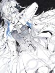  1girl absurdres amu_(aa4122aa) blue_eyes blue_hair covering_own_mouth dress flower glitch hair_flower hair_ornament hair_over_one_eye highres isekai_joucho kamitsubaki_studio long_hair looking_at_viewer monochrome multicolored_hair sketch solo spot_color two-tone_hair virtual_youtuber white_hair 