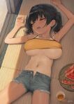  1girl armpits black_hair blush breasts camisole closed_eyes commentary_request cup dated drinking_glass food fruit gaki_kyonyuu grey_shorts highres kaedeko_(kaedelic) large_breasts lying navel on_back one-piece_tan open_mouth oppai_loli sasaki_kanna_(kaedeko) short_hair shorts signature sleeping solo tan tanlines twintails underboob watermelon watermelon_slice yellow_camisole 