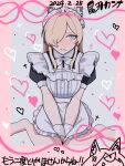  1girl alternate_costume anger_vein animal_ear_fluff animal_ears apron arms_between_legs barefoot blonde_hair blue_archive blush border bow bowtie center_frills clenched_teeth dated dog_ears enmaided frills frown grey_background grey_eyes hair_intakes hair_over_one_eye halo heart highres kanna_(blue_archive) long_bangs long_hair looking_at_viewer maid maid_apron maid_headdress nose_blush parted_bangs pink_border sharp_teeth short_sleeves sitting solo sweat teeth uumi_hinata variant_set wariza white_bow white_bowtie wrist_cuffs 