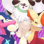 anthro big_breasts biped blue_body breasts brown_eyes chesnaught delphox ebino_senaka featureless_breasts female fur generation_6_pokemon greninja group hi_res nintendo orange_body orange_eyes orange_fur pokemon pokemon_(species) red_body red_fur smile starter_trio trio white_body white_fur yellow_body yellow_fur