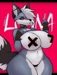 3:4 anthro areola big_breasts bracelet breasts canid canid_demon canine canis clothed clothing clothing_lift collar curvy_figure demon female fur gesture grey_body grey_fur hair hair_over_eye hand_gesture hellhound helluva_boss huge_breasts jewelry loona_(helluva_boss) mammal middle_finger mrdexxxs mythological_canine mythological_creature mythology nipples one_eye_obstructed pasties pink_areola pink_nipples smug solo spiked_bracelet spiked_collar spikes tail thick_thighs thong underwear voluptuous white_body white_fur wide_hips wolf