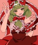  1girl arm_ribbon bow commentary_request dress frilled_bow frilled_ribbon frills front_ponytail green_eyes green_hair hair_bow hair_ribbon hands_up highres kagiyama_hina long_hair looking_at_viewer open_mouth pink_background red_bow red_dress red_ribbon ribbon shino8504 short_sleeves simple_background smile solo touhou upper_body 