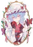  absurdres apple bare_shoulders bat_wings black_collar blue_hair bow bowtie bracelet bug butterfly collar dress flower food fruit gloves hat hat_ribbon highres jewelry mob_cap pfallen pink_eyes red_apple red_bow red_bowtie remilia_scarlet ribbon rose smile touhou white_dress wings 