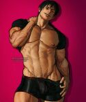  1boy abs bara bare_pectorals black_hair black_male_underwear black_shirt clothes_lift fushiguro_touji highres jujutsu_kaisen large_pectorals looking_at_viewer male_focus male_underwear mature_male muscular muscular_male navel nipples pectorals pink_background scar scar_on_face scar_on_mouth shirt shirt_behind_neck shirt_lift short_hair simple_background smile solo twitter_username umikochannart underwear 