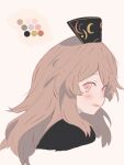  1girl absurdres black_dress black_headwear blush commentary_request crescent crescent_print dress hat highres iris-san junko_(touhou) light_brown_hair long_hair looking_at_viewer open_mouth phoenix_crown pink_eyes sidelocks simple_background solo touhou upper_body white_background 