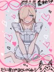  1girl alternate_costume anger_vein animal_ear_fluff animal_ears apron arms_between_legs barefoot blonde_hair blue_archive blush border breasts center_frills cleavage clenched_teeth collarbone dated dog_ears enmaided frills frown grey_background grey_eyes hair_intakes hair_over_one_eye halo heart highres kanna_(blue_archive) long_bangs long_hair looking_at_viewer maid maid_apron maid_headdress naked_apron nose_blush parted_bangs pink_border sharp_teeth sitting sweat teeth uumi_hinata variant_set wariza wrist_cuffs 