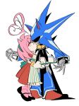  1boy 1girl ^_^ amy_rose animal_nose apron aqua_hairband armor black_cape black_footwear black_sclera blue_armor bracelet cape closed_eyes colored_sclera cup dress gloves hairband hedgehog_ears hedgehog_girl height_difference highres jewelry kiss long_dress metal_sonic mojunpwo mug neo_metal_sonic pink_fur pink_hair puffy_short_sleeves puffy_sleeves red_dress red_eyes red_footwear robot short_sleeves sonic_(series) surprised tiptoes white_apron white_gloves 