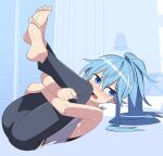  1girl ahoge armpits barefoot blue_eyes blue_hair blush curtains elf exercise feet hair_between_eyes highres holding_own_leg indoors lamp legs_up living_room long_hair looking_to_the_side lying monochrome_background on_back on_floor open_mouth original pants pointy_ears ponytail sleeveless soles solo superkyu sweat toes window workout_clothes 