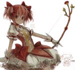  1girl bow bow_(weapon) bubble_skirt character_doll choker drek2xme dress fumo_(doll) gloves hair_ribbon hashtag_only_commentary highres holding holding_bow_(weapon) holding_weapon kaname_madoka looking_at_viewer magical_girl mahou_shoujo_madoka_magica pink_bow pink_choker pink_dress pink_eyes pink_hair puffy_short_sleeves puffy_sleeves ribbon short_hair short_sleeves short_twintails simple_background skirt smile solo soul_gem twintails watermark weapon white_background white_gloves white_sleeves 