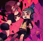 1boy 1girl 2others agent_3_(splatoon) agent_8_(splatoon) bike_shorts black_footwear black_skirt blue_hair boots box clenched_hand closed_mouth commentary crop_top headphones heart heart-shaped_box holding holding_box inkling inkling_boy inkling_player_character leather_skirt medium_hair miyashiro multiple_others octoling octoling_girl octoling_player_character open_mouth pencil_skirt pink_background red_eyes red_hair skirt sparkle splatoon_(series) sweat teeth tentacle_hair thick_eyebrows upper_teeth_only valentine 