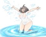  1girl arms_up bangs bikini bikini_top breasts brown_hair closed_eyes full_body highres huge_breasts kaynimatic kneeling medium_hair open_mouth original partially_submerged pink_bikini pink_bikini_top see-through shirt smile solo splashing swimsuit thick_thighs thighs white_shirt 