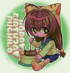  1girl ahoge animal_hat aqua_neckerchief artist_name bell birthday birthday_cake blue_sailor_collar blue_shorts blush blush_stickers brown_eyes brown_hair cake cat_hat character_name child di_gi_charat eating food food_on_face fork hair_bell hair_ornament happy_birthday hat highres holding holding_fork looking_to_the_side menma_(enaic31) neckerchief paw_shoes puchiko puffy_shorts sailor_collar school_uniform serafuku shirt shorts sitting solo twintails utensil_in_mouth white_shirt 