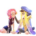  2girls agent_3_(splatoon) agent_8_(splatoon) black_skirt blonde_hair closed_mouth crop_top eye_contact gradient_hair green_eyes hat headgear indian_style inkling inkling_girl inkling_player_character long_hair long_sleeves looking_at_another medium_hair miniskirt multicolored_hair multiple_girls no_lineart octoling octoling_girl octoling_player_character orange_eyes patchwork_clothes peaked_cap pencil_skirt purple_hair simple_background single_bare_shoulder single_sleeve sitting skirt smile splatoon_(series) splatoon_2 splatoon_2:_octo_expansion splatoon_3 thenintlichen96 thigh_strap two-tone_hair very_long_hair white_background yokozuwari zipper 