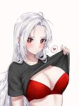  1girl black_shirt bra breasts closed_mouth clothes_lift earrings highres jewelry long_hair medium_breasts nezilaz original red_bra red_eyes shirt shirt_lift solo t-shirt underwear white_background white_hair 
