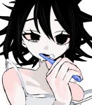  1girl bare_shoulders black_eyes black_hair brushing_teeth commentary hair_between_eyes hand_up highres holding holding_toothbrush looking_at_viewer messy_hair original parted_lips shirt short_hair simple_background sleeveless sleeveless_shirt solo spaghetti_strap strap_slip symbol-only_commentary toothbrush upper_body urokogaran white_background white_shirt 