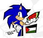 2024 abstract_background anthro black_nose blowup_background blue_body clothing english_text eulipotyphlan food fruit gloves green_eyes hand_on_hip handwear hedgehog hi_res holding_object israeli-palestinian_conflict male mammal melon naptoku one_eye_closed palestinian_flag plant politics prick_ears quills_(anatomy) sega simple_background smile solo sonic_the_hedgehog sonic_the_hedgehog_(series) tan_body tan_inner_ear tan_skin teeth_showing text watermelon white_clothing white_gloves white_handwear