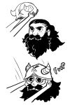  1boy beard beard_over_mouth cropped_head dilated_pupils disembodied_limb dungeon_meshi dwarf facial_hair fake_horns greyscale helmet highres horned_helmet horns long_beard looking_ahead male_focus monochrome motion_lines o_o pleading_eyes sanpaku senshi_(dungeon_meshi) sequential solo_focus thechekhov thick_mustache very_long_beard 