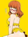  1girl bikini black_thighhighs blunt_bangs closed_mouth commentary_request frilled_bikini frills from_side girls_und_panzer glasses long_hair looking_at_viewer oosaka_kanagawa orange_eyes orange_hair red-framed_eyewear semi-rimless_eyewear simple_background skindentation solo swimsuit takebe_saori thighhighs under-rim_eyewear wavy_mouth yellow_background yellow_bikini 