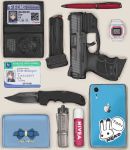  absurdres bullet cellphone d-sawa613 gun heckler_&amp;_koch highres holding holding_weapon id_card iphone knife original pen phone police smartphone weapon 